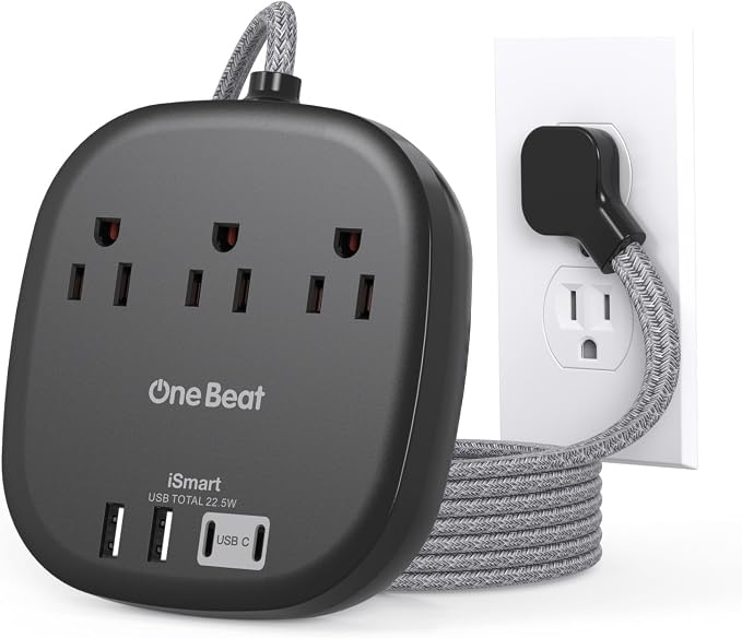 Cruise Ship Travel Essentials, 22.5W/4.5A Flat Plug Power Strip, Flat Extension Cord 3Ft, 3 Outlets 4 USB Ports (2 USB C) Cruise Approved Power Strip No Surge Protection, USB Charging Station, Black
