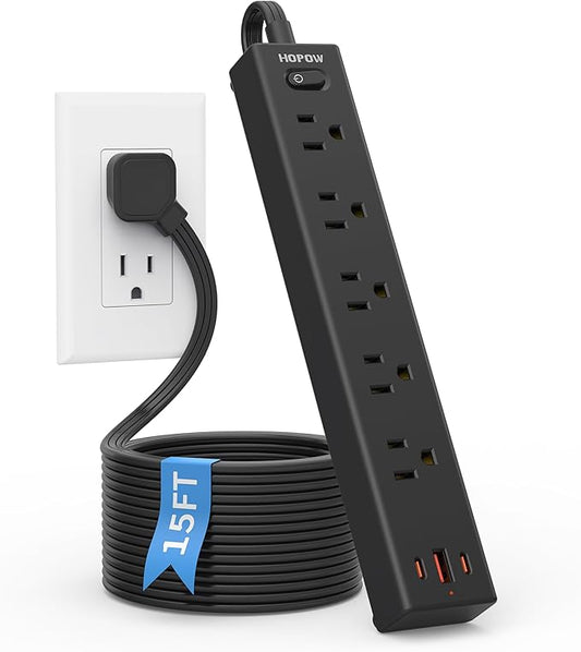 HOPOW Flat Plug Power Strip, 15FT Ultra Thin Flat Extension Cord, Surge Protector with 5 Outlets & 3 USB Ports (2 USB C), 1700 Joules, 3-Prong, Wall Mount for Home Office Dorm, Black