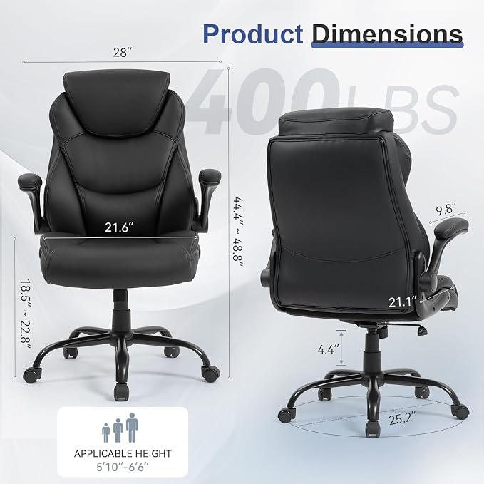 Brage Living Big and Tall Office Chair 400LBS, Heavy Duty Leather Executive Desk Chair with Flip-Up Arms, High Back Swivel Rolling Computer Chair with Rocking Function for Home Office (Black)