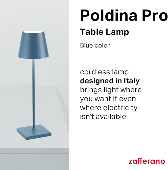 Zafferano, Poldina Pro Lamp, Rechargeable Cordless Table Lamp with Touch Controls, Suitable for Indoor and Outdoor, Dimmer, 2200-3000 K, Height 14.9 Inches, Avio Blue Color