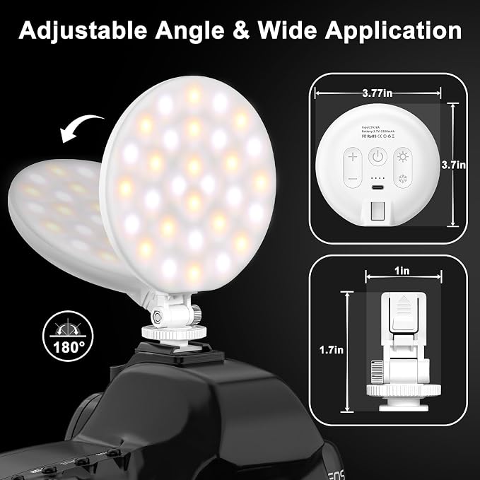 Hagibis LED Video Light, 2500mAh Rechargeable Camera Light, CRI97+ Dimmable Ring Light with Cold Shoe Mount, Portable Photography Lighting for Camera Phone Photography, Vlog Filming&TikTok Live(White)