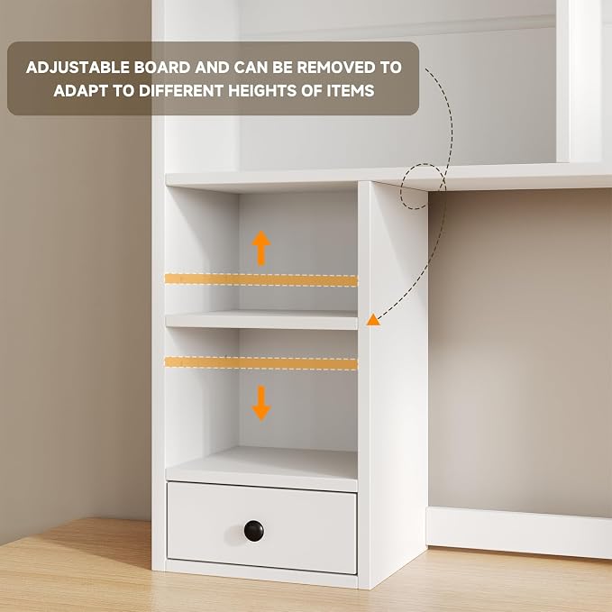 knoworld Desktop Bookshelf for 27" Monitor, Space-Saving Engineered Wood Desk Hutch Organizer with Adjustable Shelves & Drawer, Clutter-Free Tabletop Bookcase for Dorm & Home Office, White