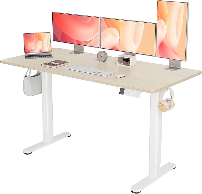 YDN Electric Standing Desk Adjustable Height, 63 x 24 Inches Stand up Desk with Cable Management, Home Office Desks with Splice Board & White Frame, Nature Top