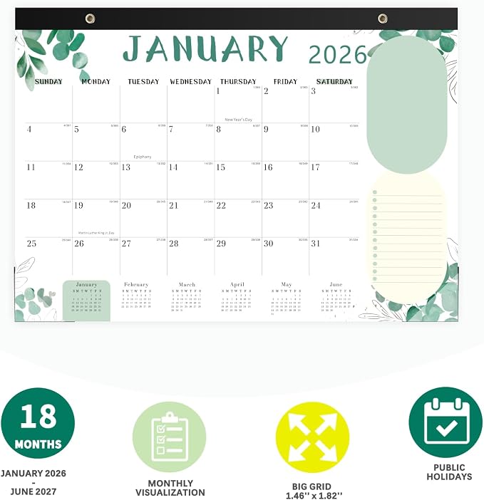 Desk Calendar 2026, 18 Months Calendar Runs from January 2026 to June 2027 Large 17 x 12 inch Desktop or Wall Monthly Calendar Planner for Home School or Office, Green