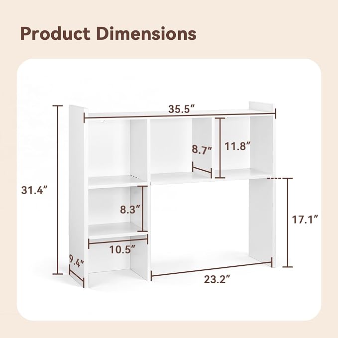OOOK 35.5" L Dorm Desk Hutch White, Desktop Bookshelf with 5 Shelves | Multipurpose Desk Organizer for Dorm Office Home, 3-Tier Wooden Display Rack for Computer Desk