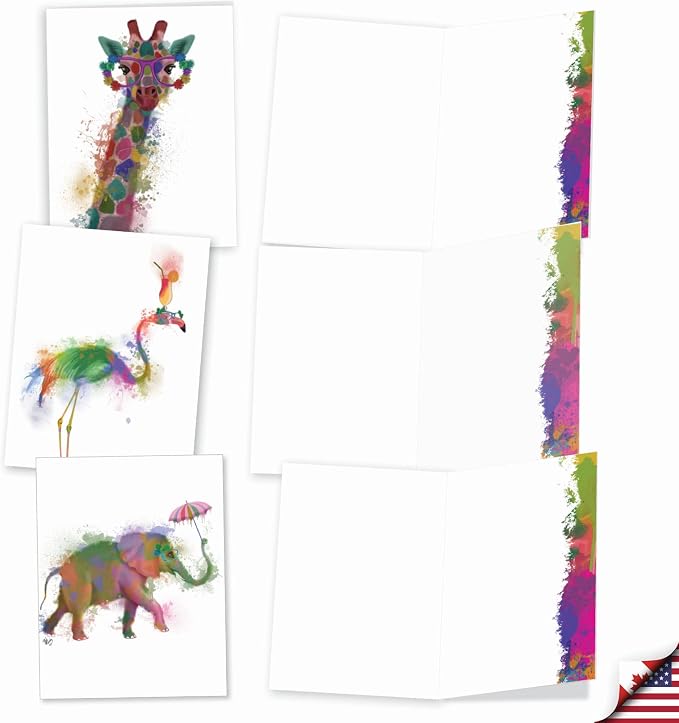 Best Card Co 10 Blank Watercolor Animal Note Cards Box Set 4 x 5 Inch + Envelopes Funky Rainbow Wildlife for Animal Lovers M4948OCB-B1x10-NB