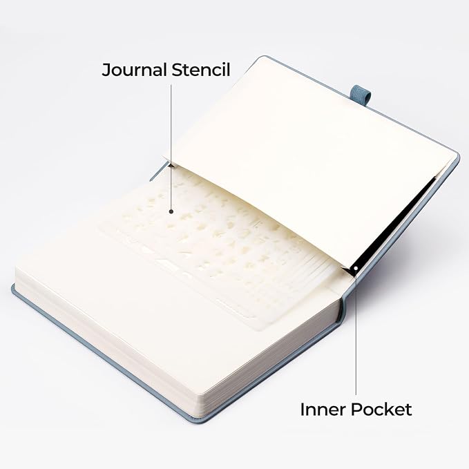 EMSHOI Dotted Journal Notebook, 320 Pages, A5 Small 5.75"x8.38", PU Leather Hardcover, 100 GSM Thick Paper, 5mm Dot Grid Notebook for Journaling, Planning, Drawing, Writing, Gray Blue