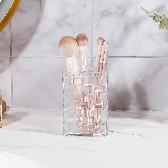 DASITON Makeup Brush Holder Organizer, Acrylic Makeup Brushes Storage Cup, Woven Texture Make Up Brush Holder for Vanity Bathroom Office, Pen Holder for Desk, Cosmetic Display Cases (Clear S)