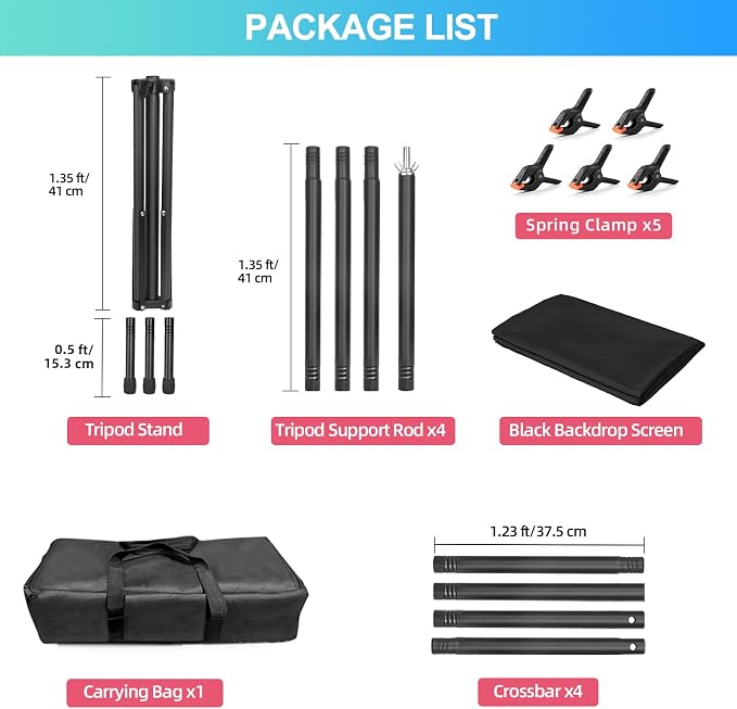 Black Backdrop Background with Stand for Photoshoot, 5x6.5ft Black Photo Backdrop Curtain Cloth with Background Support Stand, 5 Spring Clamps& Carrying Bag for Party Photography Video Studio