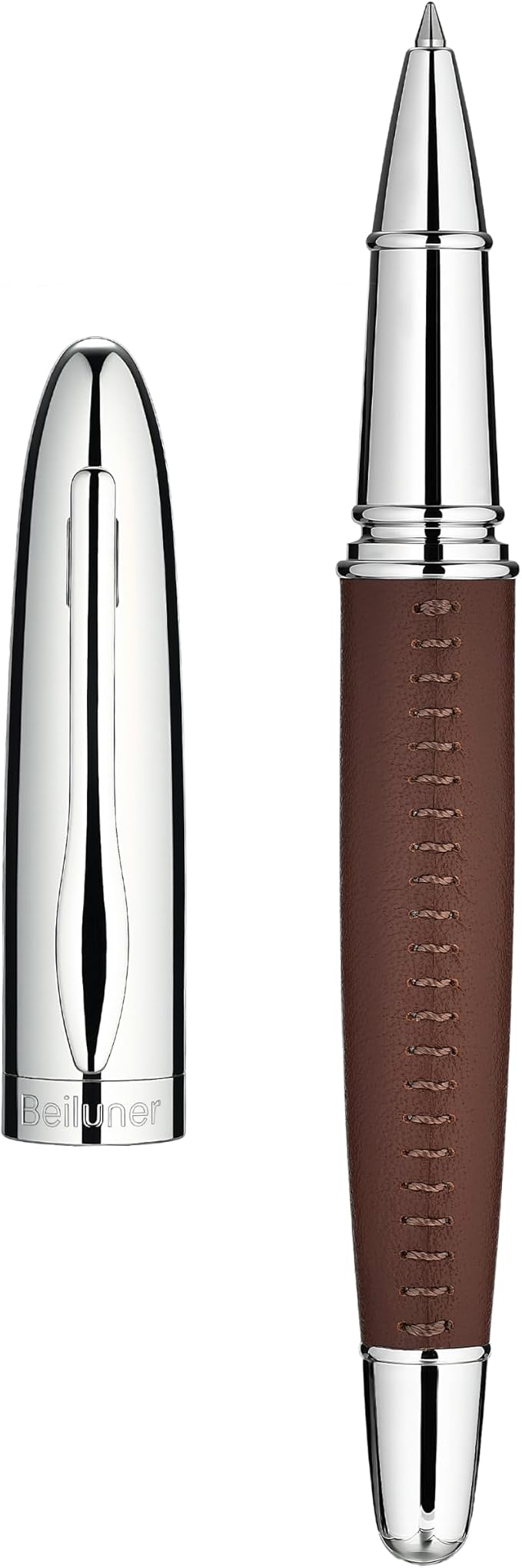 BEILUNER 318 Luxury Leather Pen, Hand-Stitched Premium Leather, Chrome-Plated Finish, Smooth Black Ink Refill, Fancy Rollerball Pen Gift Set for Men & Women, Executive Writing, Nice Designer pen