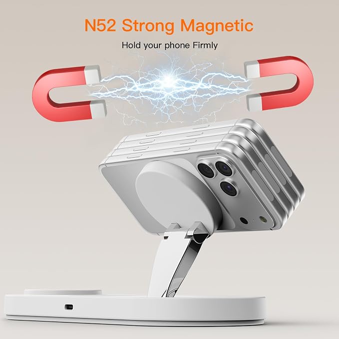 15W Magnetic 3 in 1 Wireless Charging Station,No Blue Light Disturbing Sleep,for iPhone17-12, Fast 5W Charger for Apple Watch AirPods,Foldable Stand, MagSafe Charger Dock for Nightstand Desk Travel