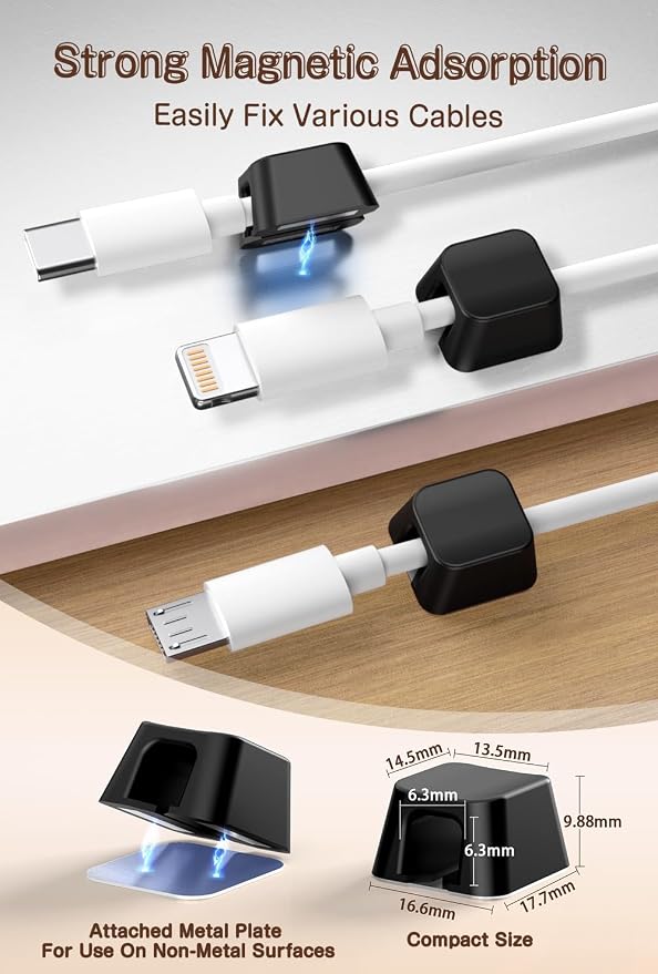 Magnetic Clip for Cords, Maveek 5 Pack Cable Holder Magnet Cord Clips Organizer Desk Wall Metal Table Cable Management for Charger USB C Home Office Car (Black)
