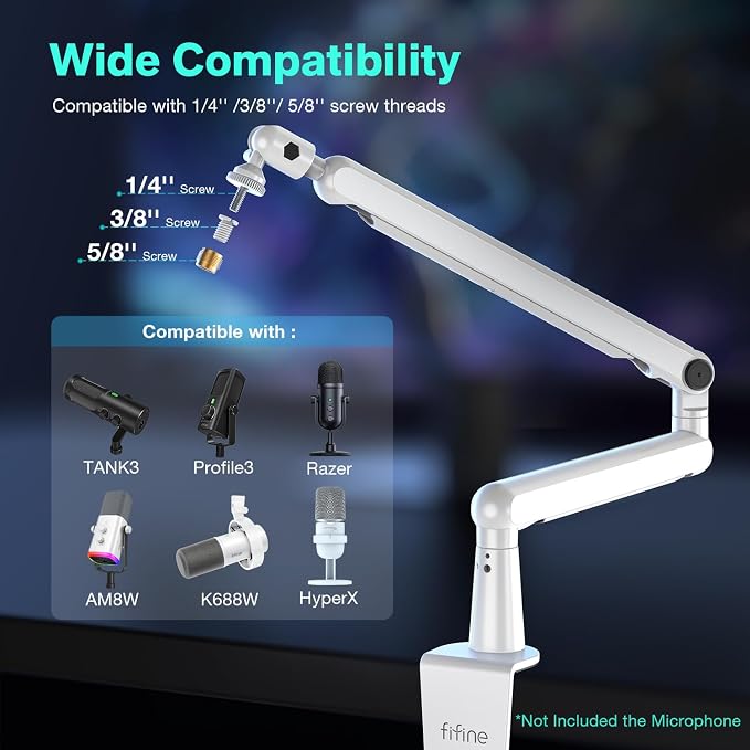 FIFINE Boom Arm Mic Stand, Low Profile Microphone Arm Stand, Podcast Mic Boom Arm with Desk Mount, Cable Channels Management, Metal Boom Arm White for Recording/Streaming/Gaming/Home Office-BM88W