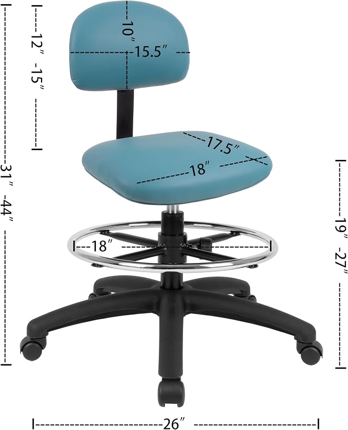 FSS Series Square seat Mid (19"-27") seat Height Chair. Vinyl-for Office, Garage, Desk, Shop, Computer, Doctor, Medical, Easy to Clean! 18" Footring (Aqua, Mid Stool, _Standard Casters)