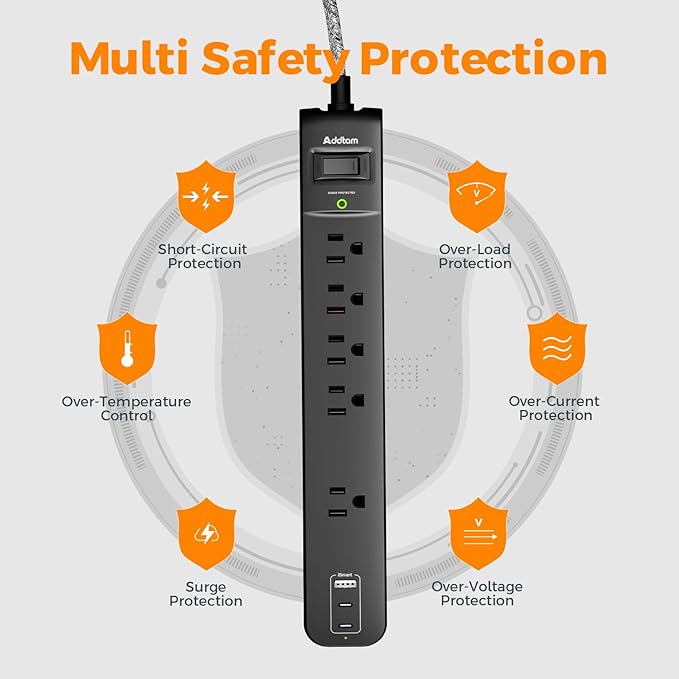 2 Pack Short Power Strip Surge Protector- Addtam USB C Power Strip,3ft Flat Extension Cord with 5 Widely 3 USB (2 USB-C) Ports, Desktop Charging Station for Home Office College Dorm Room Essentials