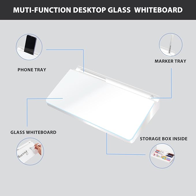 Glass Desktop Whiteboard Dry Erase Board Computer Keyboard Stand Desk White Board Organizers with Accessories 2 Markers,1 Eraser for Office, Home, School Supplies