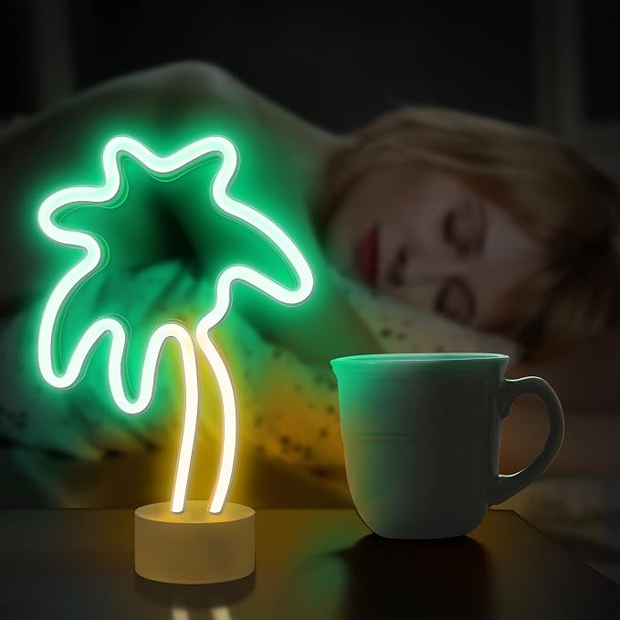Lumoonosity Palm Tree Lights - Green & Yellow Palm Tree Neon Sign for Bedroom, Game Room - Battery/USB Powered Coconut Trees Neon Light with Stand for Desktop & Tabletop