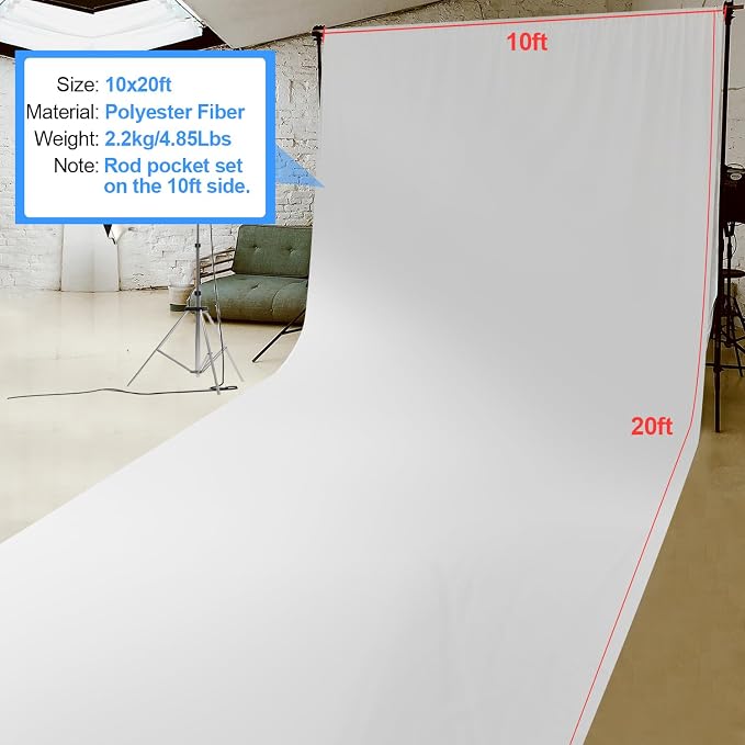 HEMMOTOP White Photo Backdrop, 10x20 ft Screen for Photography, Seamless Backdrops Backgrounds for Photo Video Recording (Backdrop Only)