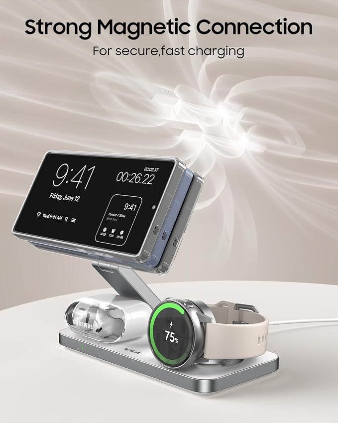 3 in 1 Foldable Magnetic Wireless Charging Station for Samsung, Wireless Charger Stand for Galaxy S26 Ultra S25/S24 /Note 20/Flip 7/Fold 7, for Galaxy Watch Ultra/8/7/6,Galaxy Buds 3/3 Pro