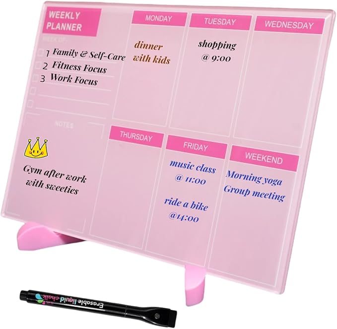 Desktop Thickened Acrylic Dry Erase Board, Weekly White Board with to Do List, Tabletop Whiteboard with Stand, Frameless Dry Erase Pink White Board，9.5"x6.7" for Office, Home, School(Desktop-PK-1724)