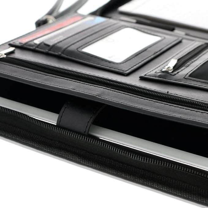 Customized Black Zippered Portfolio Binder with Junior Legal 5x8 Notepad - Engraved PU Leather Business Padfolio Organizer Folder with 8" Tablet Sleeve & Gift Box by Lautus Designs
