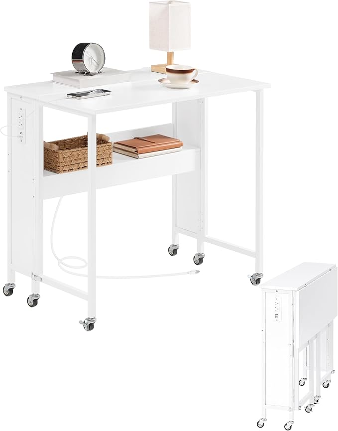 CHOEZON Folding Desk with Power Outlets, 31.5" Rolling Computer Table with Wheels, Portable Office Desk with Storage Shelf for Small Spaces White TDN01UWB