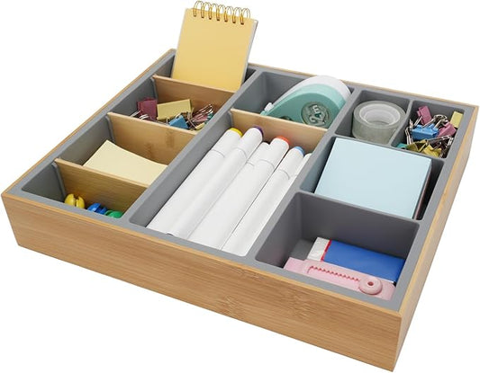Office Drawer Organizer, Bamboo Desk Drawer Organizer with 4 Removable Dividers, Desk Organizers and Accessories with 10 Adjustable Compartments for Office Home Gray