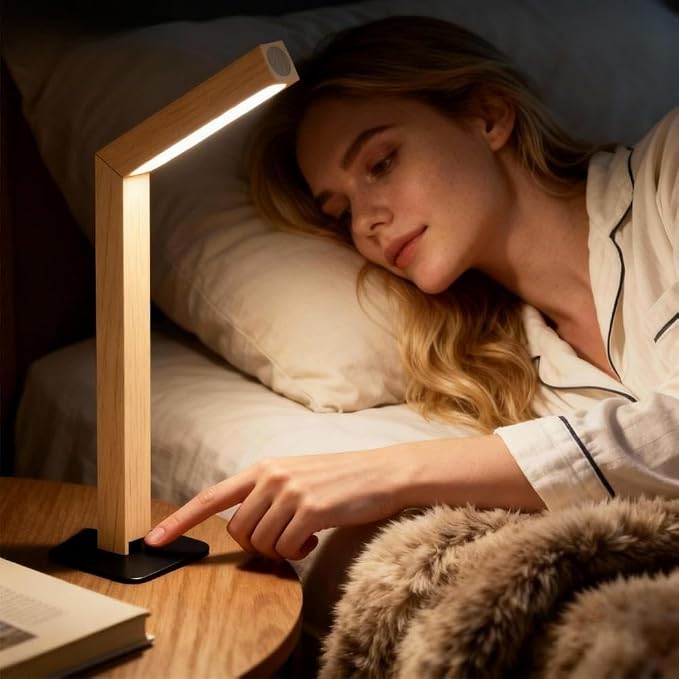 Wooden Desk Light ，Dimmable Desk Lamp for Home Office with USB Wireless Charging Port ，Touch Control RotatableDesk Adjustable Night Light(Beech Wood)