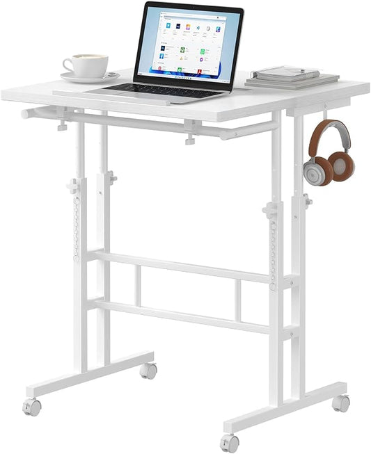 Simple Deluxe Split Top Rotating Standing Desk on Wheels – 23.6" Manual Adjustable Height Mobile Laptop Computer Table – Sit Stand Rolling Workstation with Tilt Function – White
