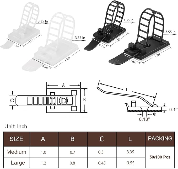 50Pcs Adhesive Cable Management Clips with 50Pcs Zip Ties, Adjustable Nylon Cable Strap Ties Wire Clips Clamps Organizer, Extra Screw & Hole - 3.35 Inch White