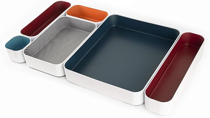 Three by Three Seattle Metal Drawer Organizer Tray Set, 6-Pc (Berry Mix) | Deep 2" food-safe colorful metal bins; soft non-scratch base; kitchen, vanity, bathroom & office drawer storage