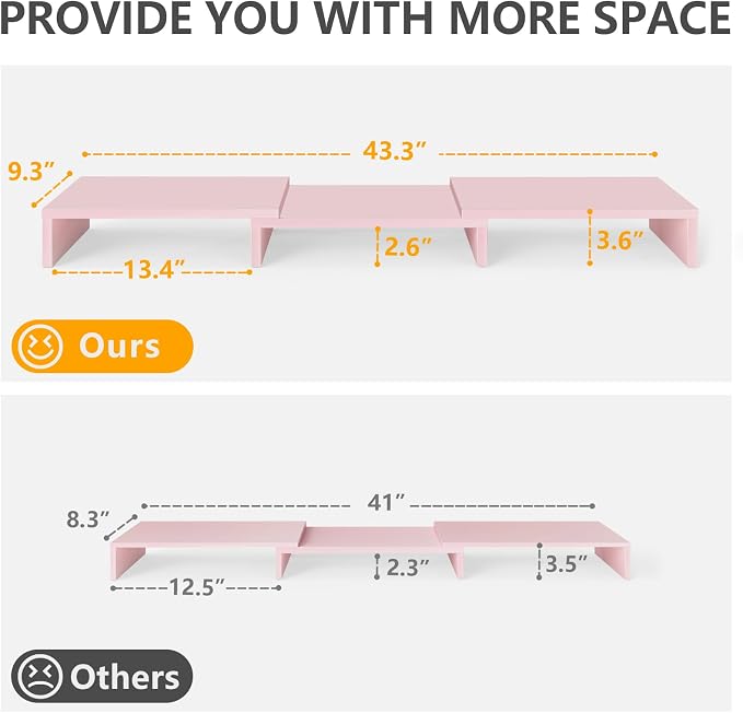 TAVR Dual Monitor Stand Riser, Computer Monitor Stands for 2 Monitors, Extra Long Multifunctional Desktop Organizer Riser for Computer, Laptop, PC, Printer, TV, Max 43.3" Length, Pink