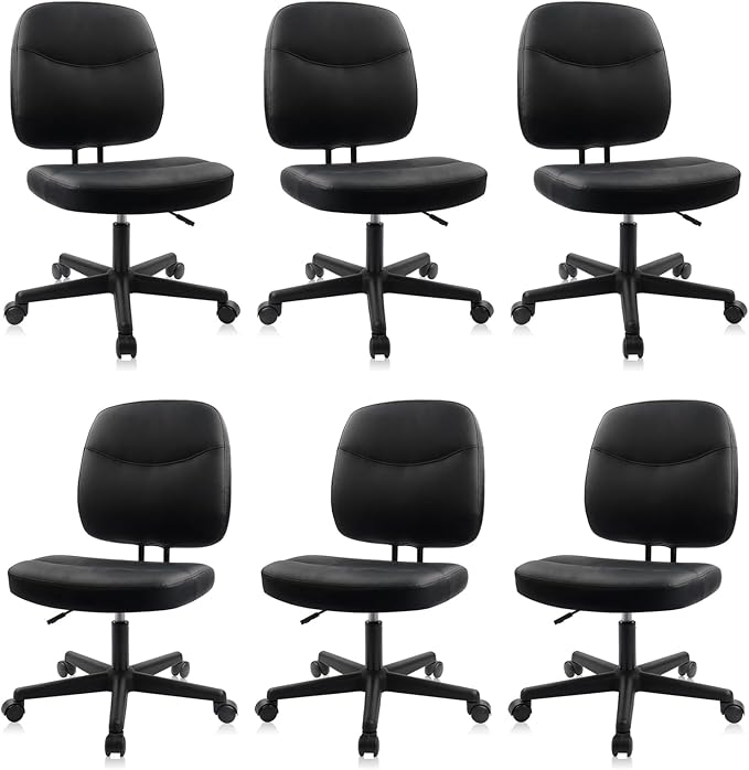 CLATINA Armless Home Office Chair,Small PU Leather Ergonomic Low Back Desk Chair with Lumbar Support and Wheels, Adjustable Height 360° Swivel Rolling Computer Task Chair, Black, 6 Pack