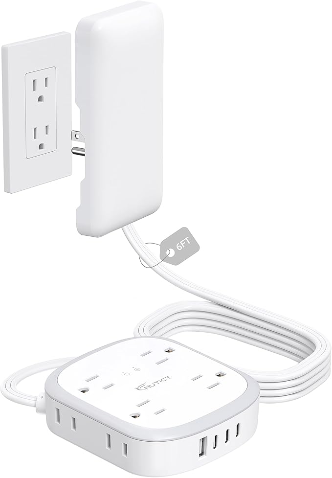 NUTICT Outlet Cover Extension Cord, Flat Plug Power Strip 6ft, 8 Outlets (4-2Pin)& 4 USB Ports (3 USB C), 13A/1625W, 1440J Surge Protector, Wall Mountable, Ideal for Home Improvement, Tight Spaces