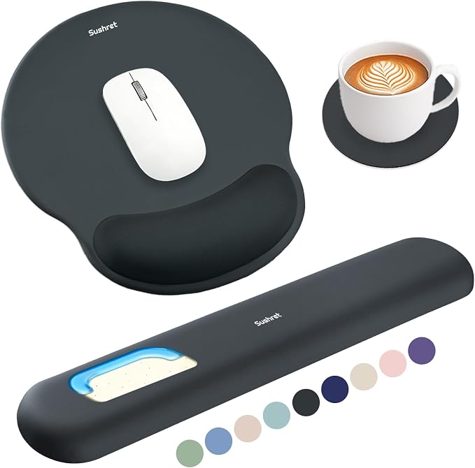 Sushret Mouse Pad and Keyboard Wrist Rest, 3-in-1 Gel Memory Foam Ergonomic Mouse Pad with Wrist Rest Set, Gaming Mousepad Arm Cushion Support for Computer Office Desk Accessories Cute Setup, Charcoal