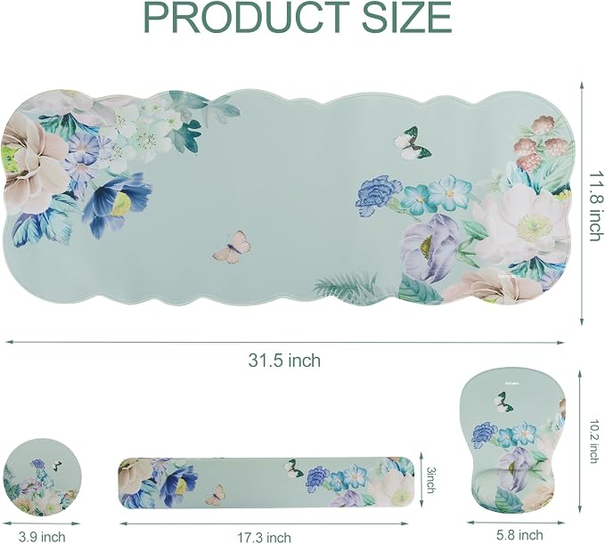 Petmolico Desk Pad Set with Wrist Rest for Keyboard & Mouse, Green Flower | Anti-slip PU base, durable Lycra & memory foam, relieves wrist fatigue, perfect for work, home & daily use