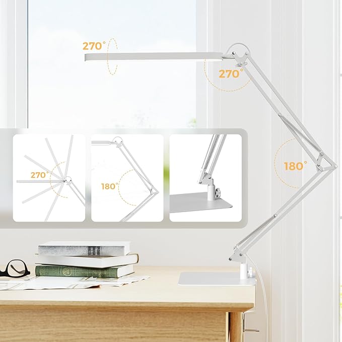 SKYLEO LED Desk Lamp with Slim Base - Adjustable Swing Arm Desk Light, Dimmable, Timer, Eye Protection, Memory Function, 1300LM, 12W, White