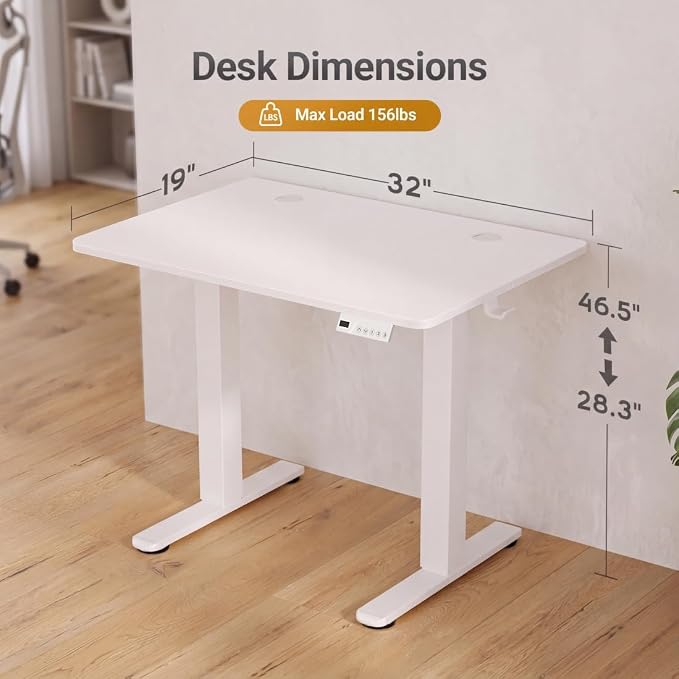 Claiks Electric Standing Desk 32x19 Inch Adjustable Desk, White | 156lbs weight capacity, 3 memory presets, industrial steel frame, cable management hub, adjustable height , easy assembly
