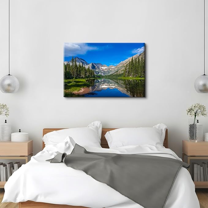 Green Forest Canvas Wall Art Colorado Mountain Lake Wall Decor for Living Room Decorations 32x48", Glacier National Park Nature Landscape Pictures Yosemite Pine Trees Scenery Framed Poster Artwork