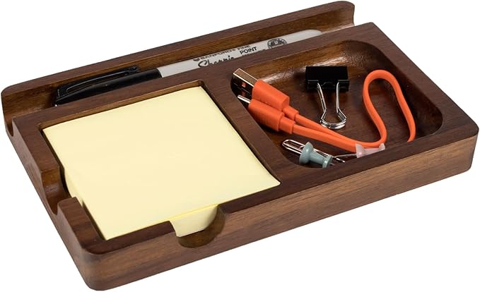 S&A WOODCRAFT Office Desk Organizer with Sticky Note Holder, Pen Slot & Phone Stand - Versatile Brown Acacia Sticky Note Dispenser, Includes 100 3x3 Inch Pages & 4 Anti-Skid Pads.