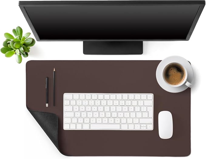 Tegeme Genuine Leather Desk Mat Large Desk Pad 23.6 x 13.7 Inch Non Slip Leather Table Protector with Stitched Edges and Rubber Base Brown Stylish Laptop Mat Smooth Writing for Workspace Home Office