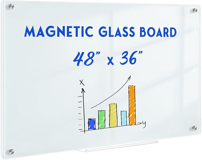 Magnetic Glass Whiteboard, 4' x 3', Frameless Wall Mount, Normal White | 48" x 36", Large Glass Dry Erase Board for Wall, Includes 1 Marker Tray, 6 Magnets, White Board for Office, Home, Classroom