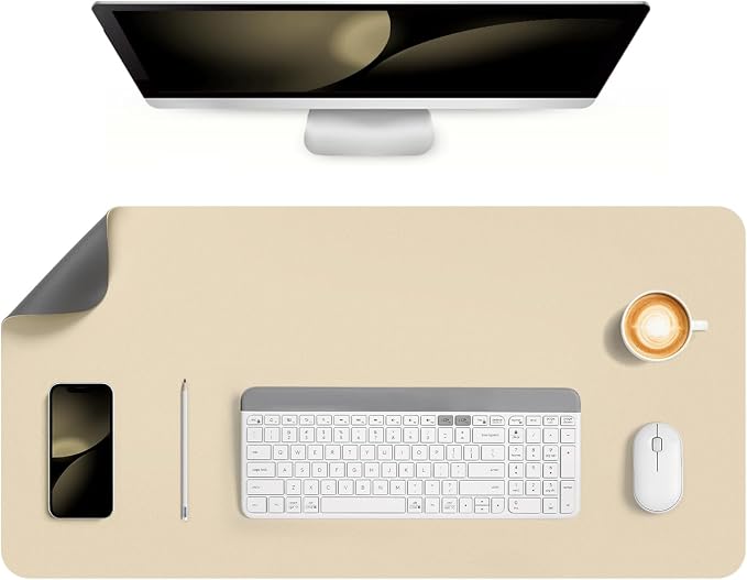 Dual Sided Desk Pad Faux Leather Desk Mat Large Mouse Pad | Desk Pad Protector Non-Slip Waterproof Desk Mouse Pad for Writing Desk, Office, Home(Gray Beige 31.5"X15.7")