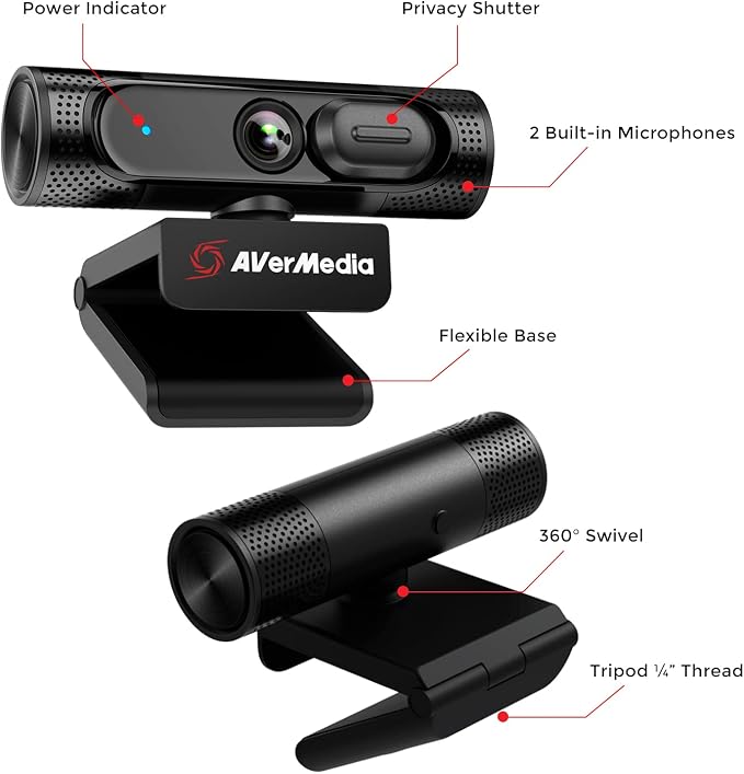 AVerMedia PW315 TAA/NDAA Compliant 1080p 60fps Webcam – Wide-Angle USB Camera with Dual Mics & AI Auto Framing, Fixed Focus HD Webcam for PC/Mac, Zoom, Teams, Google Meet, Streaming, Content Creation