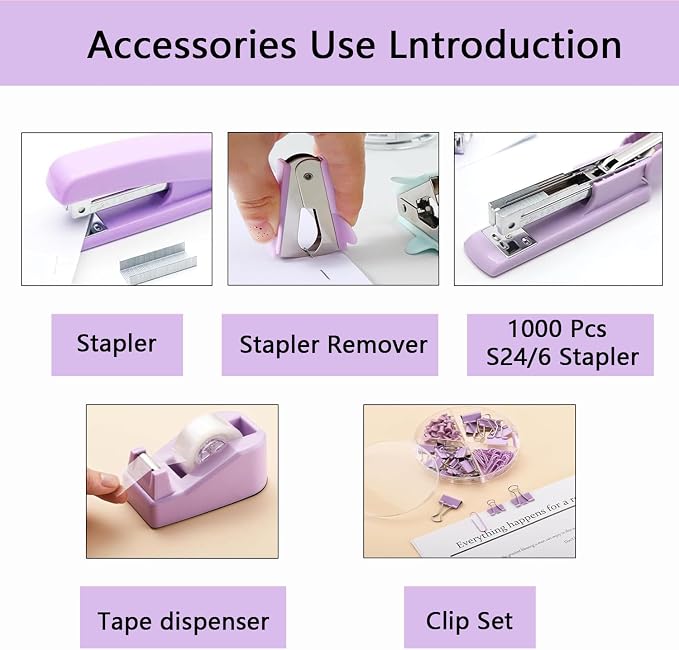 Office Supplies,Purple Desk Accessories,Office Supplies Set,Stapler and Tape Dispenser Set,Scissors,Staple Remover,Binder Clips,Staples,Ballpoint Pen,Index Tabs with Ruler,Clear Tape.9pcs for Office