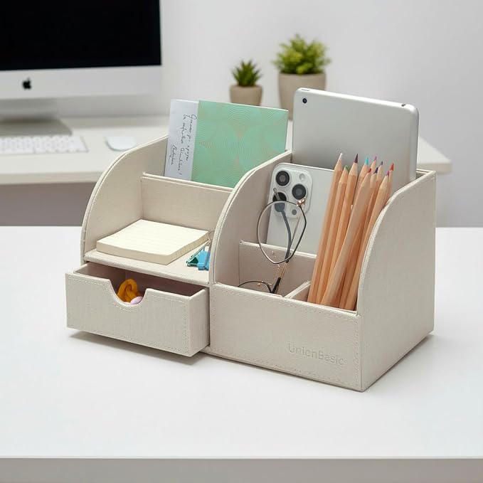 UnionBasic Desk Organizer - Multifunctional Leather Desktop Pen Holder Storage Box - Business Card/Pen/Pencil/Mobile Phone/Stationery Holder, Beige