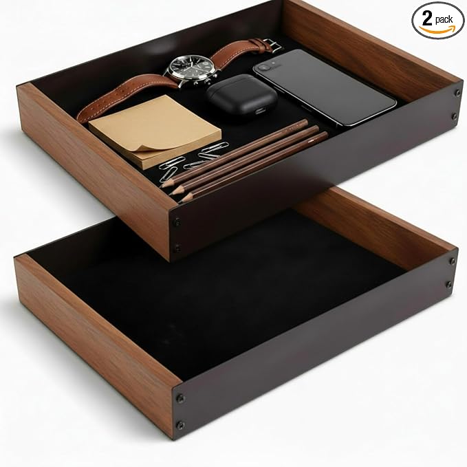 2 Pack Desk Drawer Organizer, Valet Tray for Men, Nightstand Tray Acacia Wooden and Metal Entryway Bedside Dump Holder Accessories for Wallets, Keys, Watches, Phones, Loose Change, Trinkets