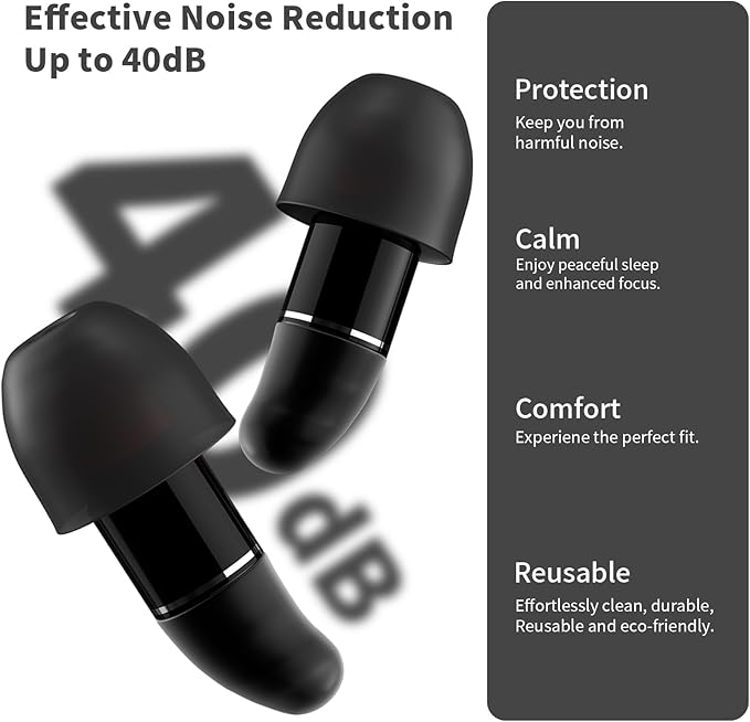 EarPlugs for Sleeping Noise Cancelling, Reusable Silicone Ear Plugs, Noise Reduction Earbuds for Travel, Concerts, Deep Focus, Hearing Protection Headphones, 85% 40dB Noise Reduction (Black)