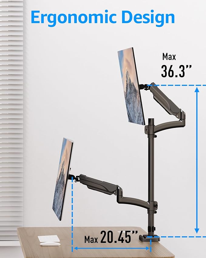 MOUNTUP Vertical Dual Monitor Mount Holds 4.4-17.6lbs, up to 32 Inch Stacked Monitor Mount with Gas Spring Arm with Clamp/Grommet Base, Dual Monitor Stand for Desk, For Home Office, VESA 75x75/100x100