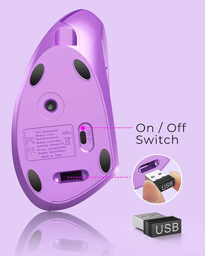 Lekvey Ergonomic Mouse, Wireless Vertical Mouse Rechargeable 2.4 GHz Optical Carpal Tunnel Mice : 800/1200 / 1600 DPI, 6 Buttons, for Laptop, PC, Mac, Computer, Desktop, Notebook etc, Purple